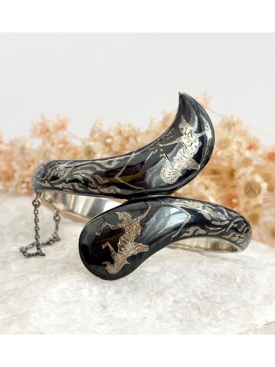 Siam Sterling Silver Bypass Style Hinged Nielloware Thai Made Vintage Bracelet - Picture 1 of 16